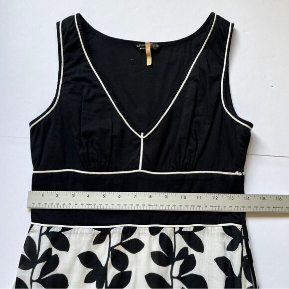 Chaudry KC Midi Dress Cream Black Floral 100% Cotton V Neck Lined Y2K 90s Sz  S - Picture 10 of 16